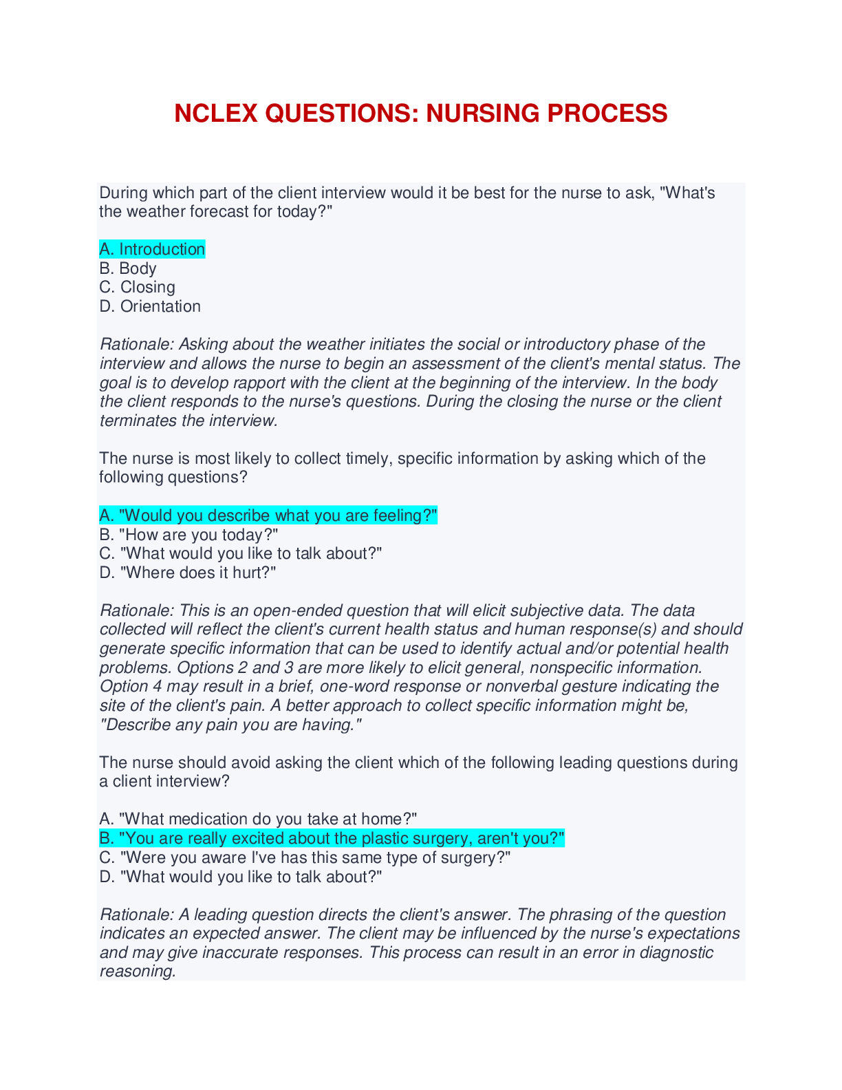 NCLEX QUESTIONS NURSING PROCESS QUESTION, ANSWERS & RATIONALES